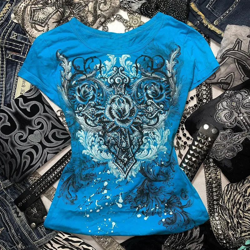 Y2K Grunge T-Shirt - Vintage Rhinestone Heart Rose Top Harajuku Street Fashion - ZOOMNSTORE