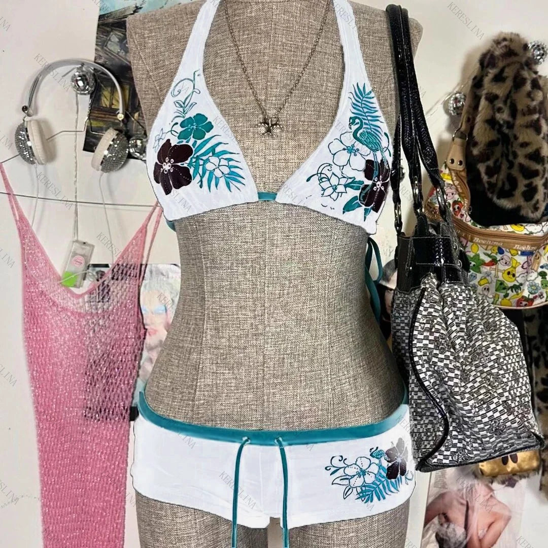 Y2K Vintage Floral Bikini Set - Sexy Halter Swimwear for Women - ZOOMNSTORE