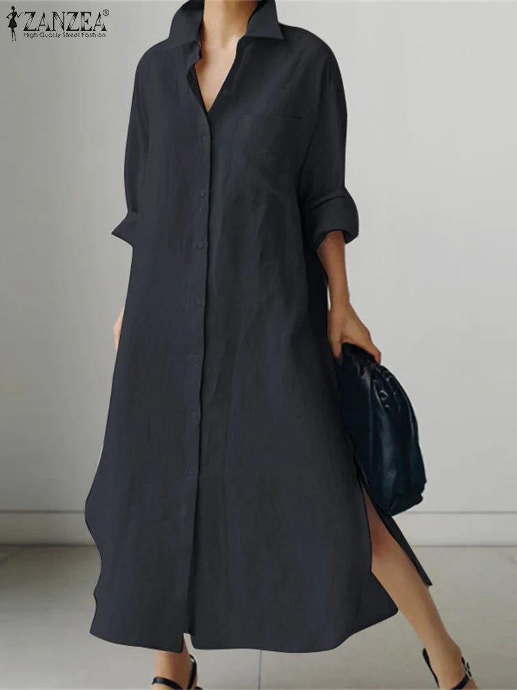 ZANZEA Womens Long Sleeve Maxi Dress - Solid Shirt Sundress with Lapel Neck and Buttons - ZOOMNSTORE