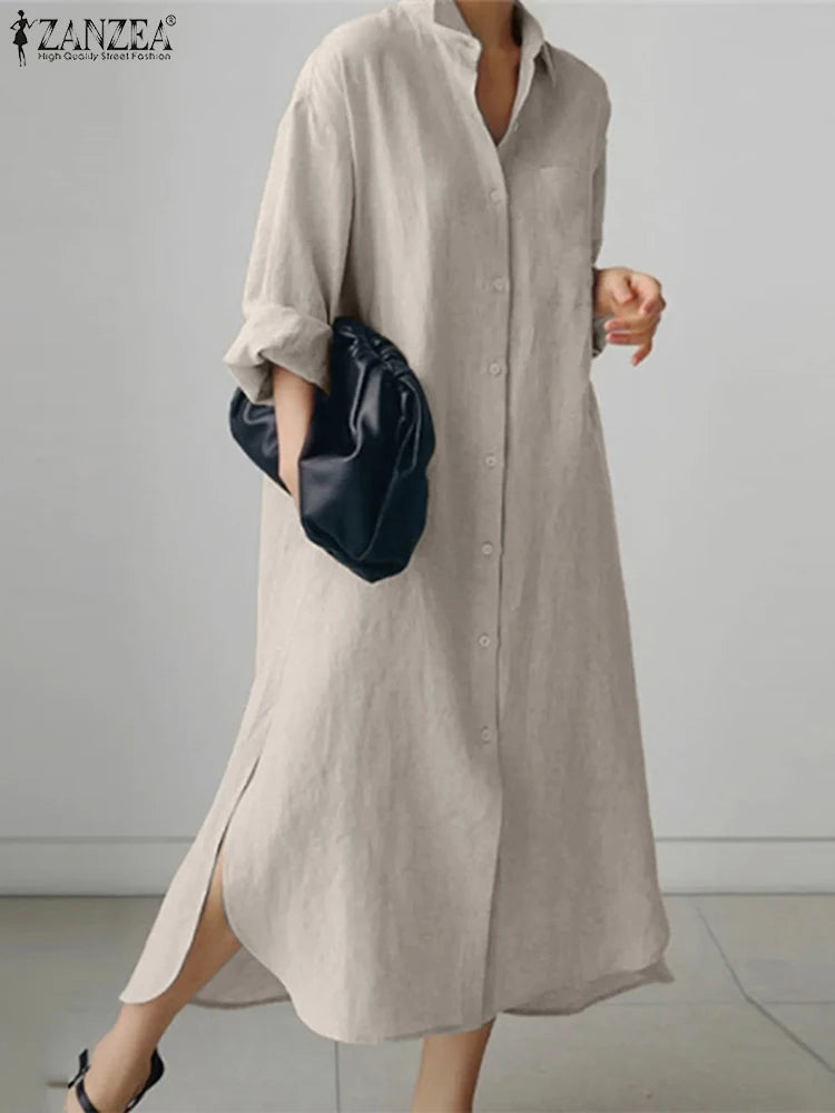 ZANZEA Womens Long Sleeve Maxi Dress - Solid Shirt Sundress with Lapel Neck and Buttons - ZOOMNSTORE