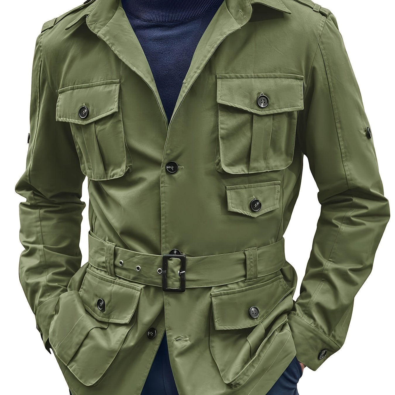 Mens Multi-Pocket Safari Jacket - Casual Outdoor Cargo Coat with Belt - ZOOMNSTORE