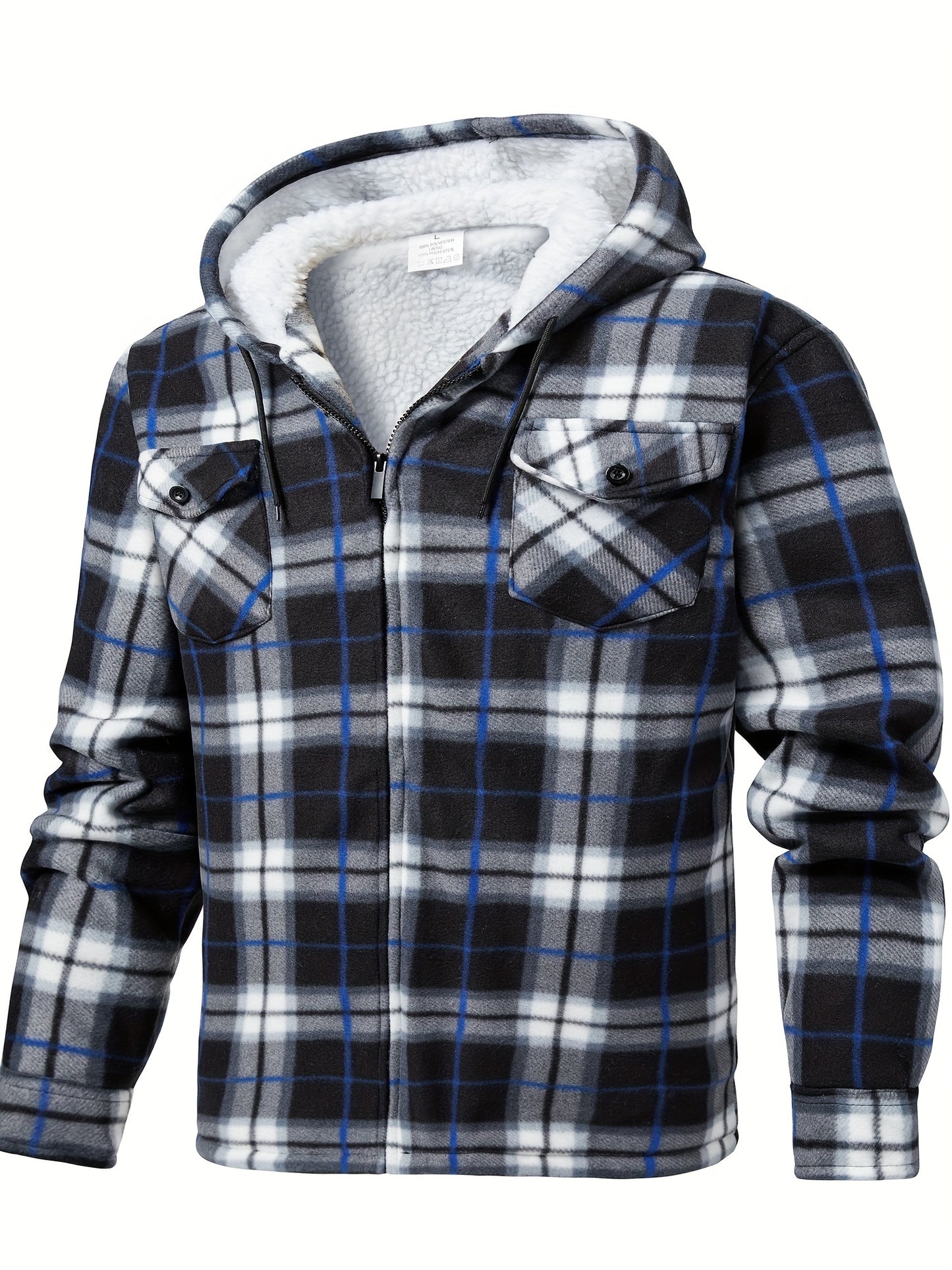 Men's fleece hooded casual fashion plaid zipper jacket - ZOOMNSTORE