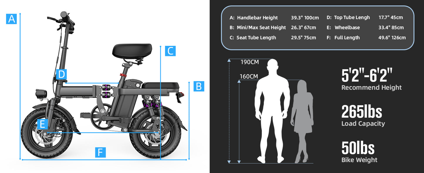 UPlee GE5 48V 15AH Battery EBike 30+MPH 250W Folding Electric Bike 30 Miles Max Range Electric Bike for Adults 14" Fat Tire