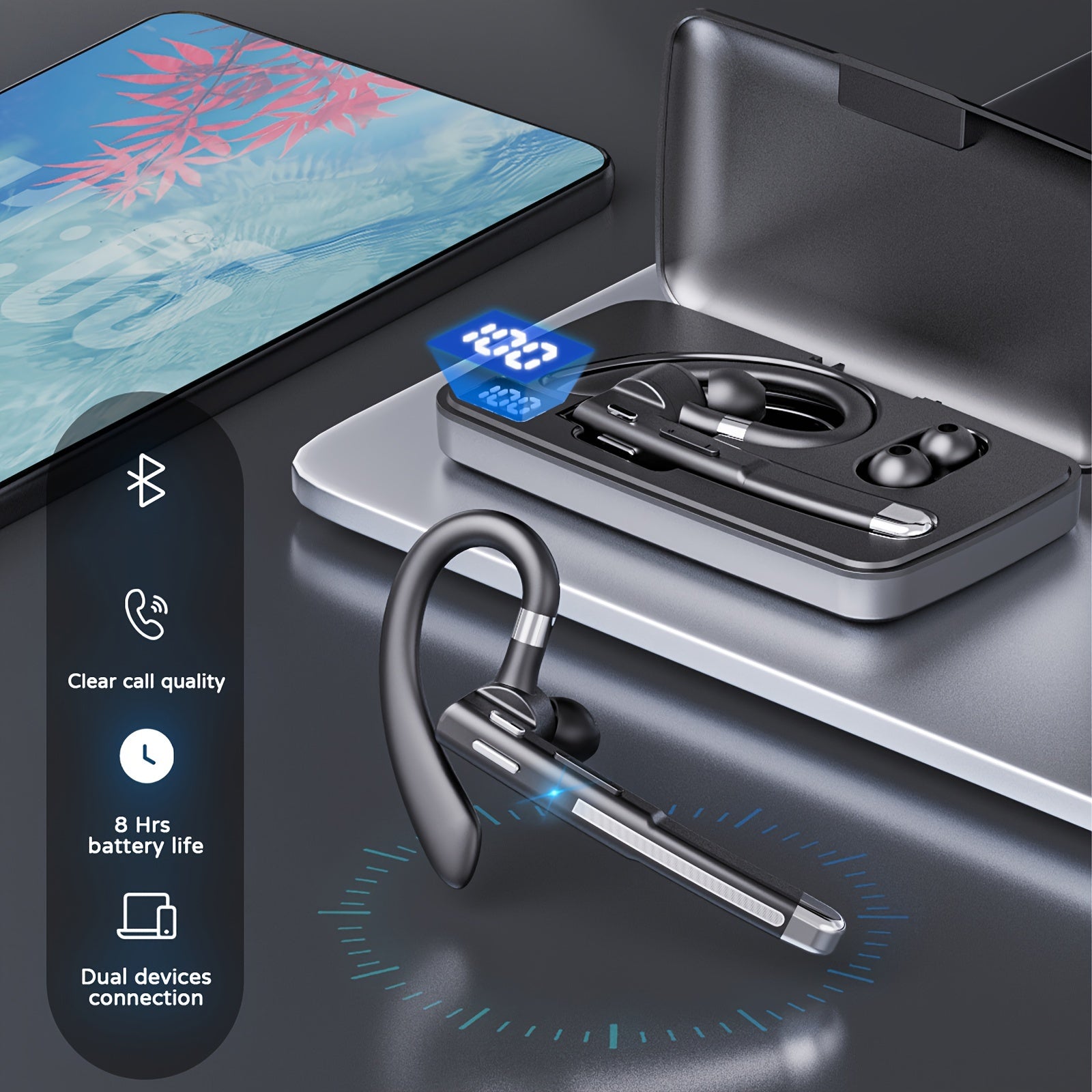 Wireless Earbuds with Mic - Single Ear Business Headset 120 Hours Standby 800mAh Charging Case - ZOOMNSTORE
