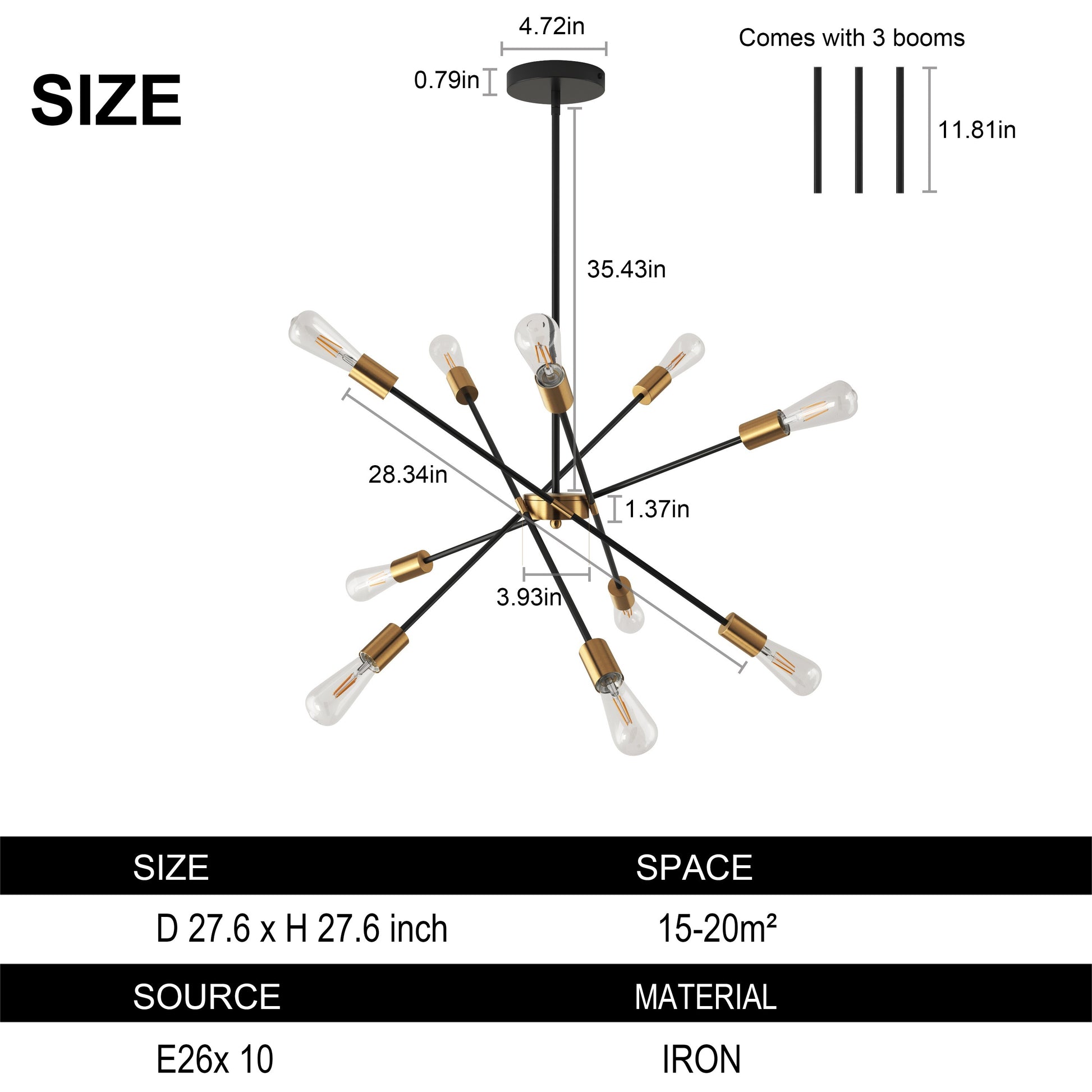Modern Black 10-Light Sputnik Chandelier - Stylish Fixture for Kitchen  Dining Room - ZOOMNSTORE