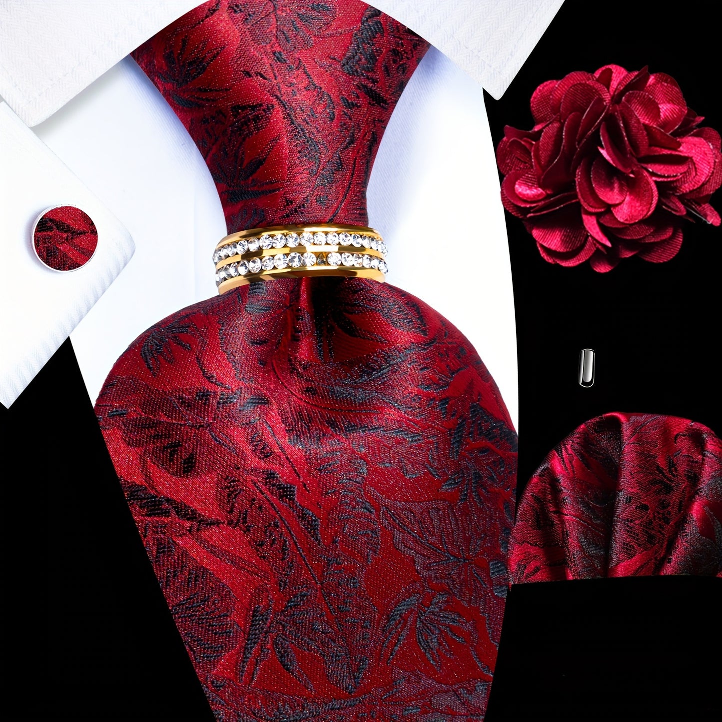 Mens Luxury Tie Set - Elegant 5-Piece Set with Pocket Square Cufflinks and Lapel Pin
