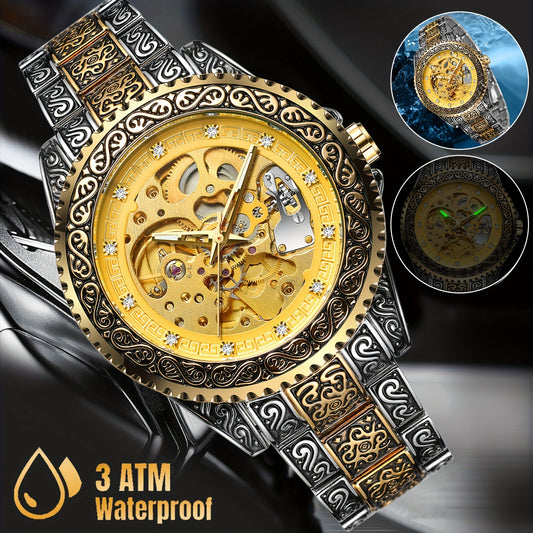 Luxury Mens Automatic Mechanical Watch - Retro Gold Stainless Steel Water-Resistant with Date and Stopwatch - ZOOMNSTORE