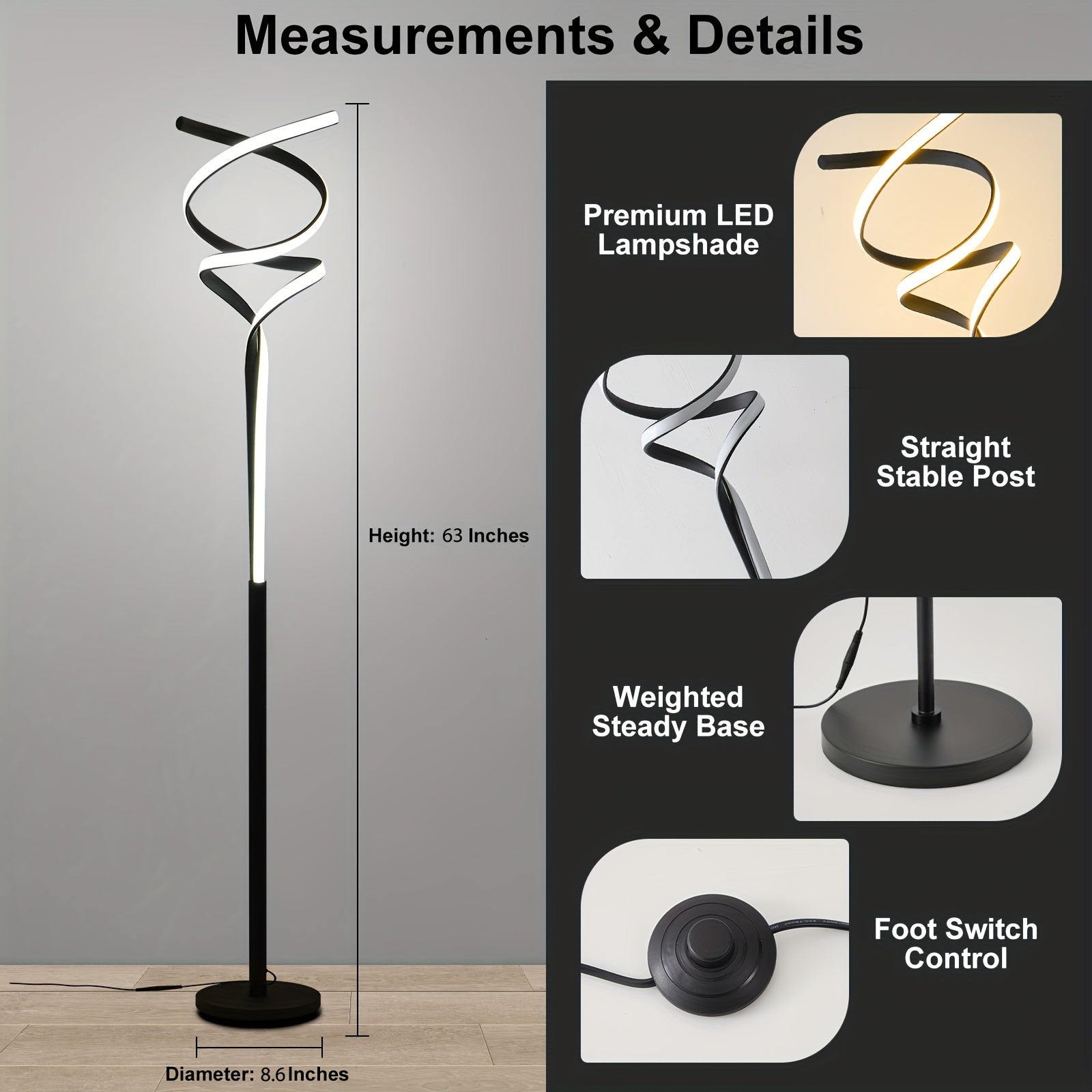 Dimmable LED Spiral Floor Lamp with Timer - Modern Standing Light for Living Room Bedroom Kitchen and Office - ZOOMNSTORE