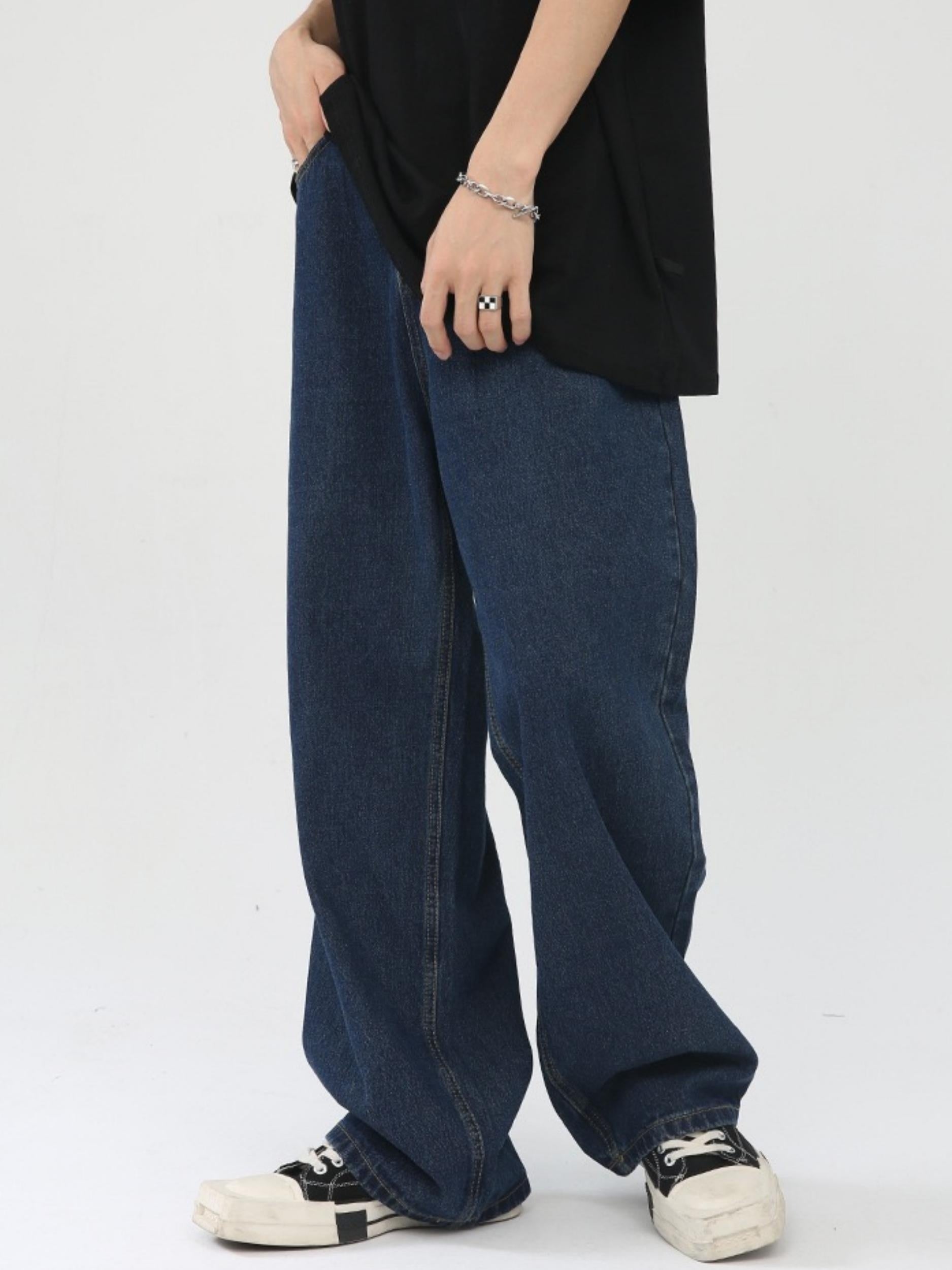 Mens Wide Leg Jeans - Casual Hip Hop Denim Joggers with Elastic Waist - ZOOMNSTORE