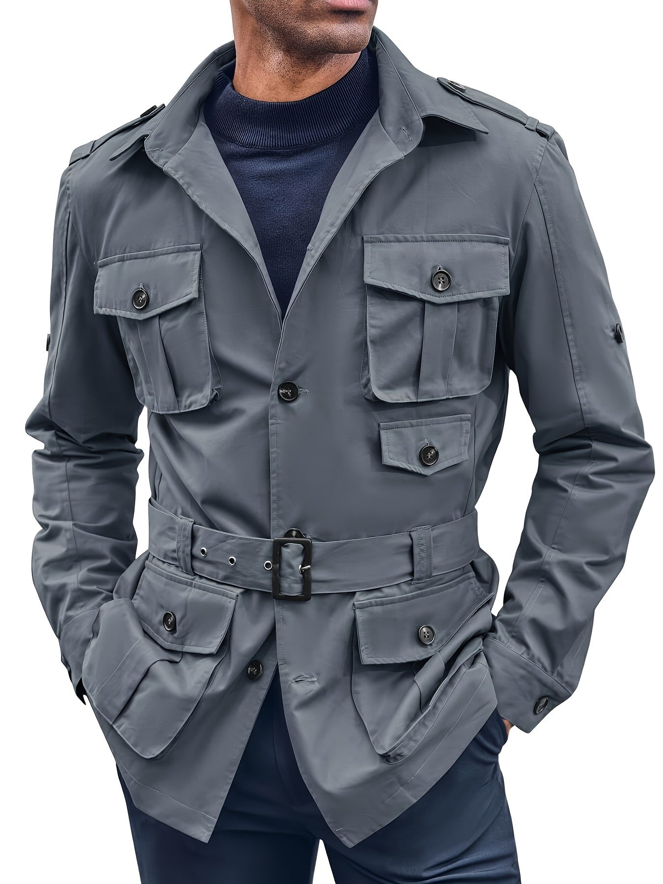 Mens Multi-Pocket Safari Jacket - Casual Outdoor Cargo Coat with Belt - ZOOMNSTORE