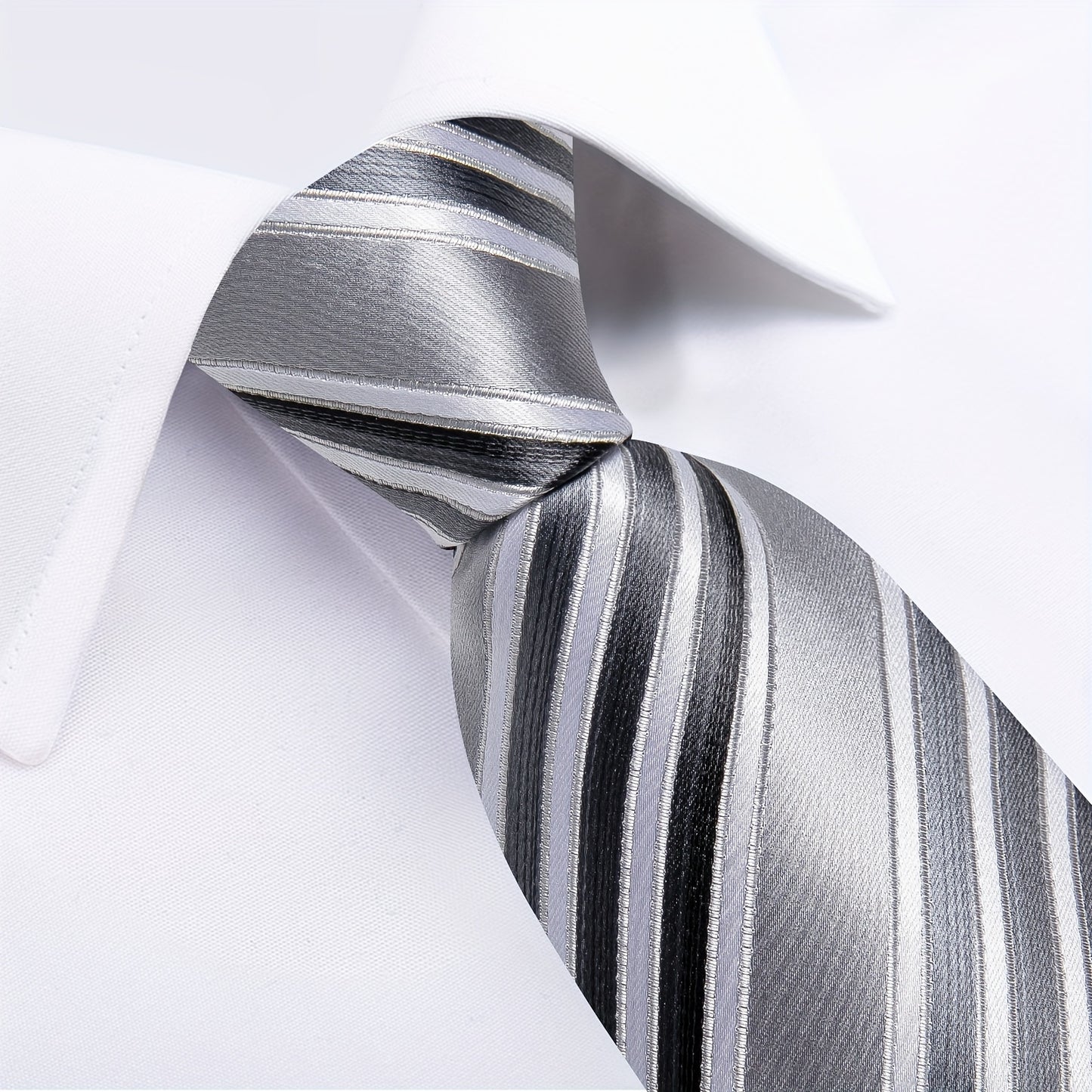 3PCS Gray Striped Silk Tie Set - Woven Necktie Hanky  Cufflinks Gift - ZOOMNSTORE
