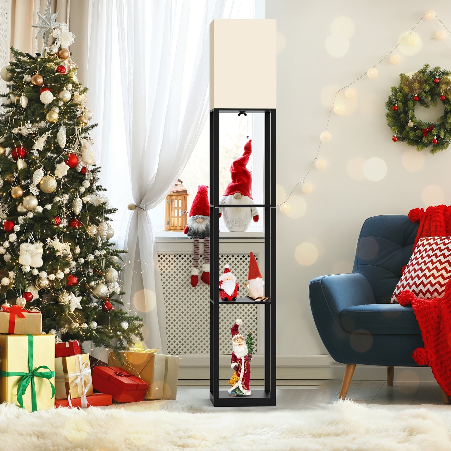 Solid Wood Floor Lamp with Shelves - 629 Height Includes Bulb Ideal for Holidays - ZOOMNSTORE