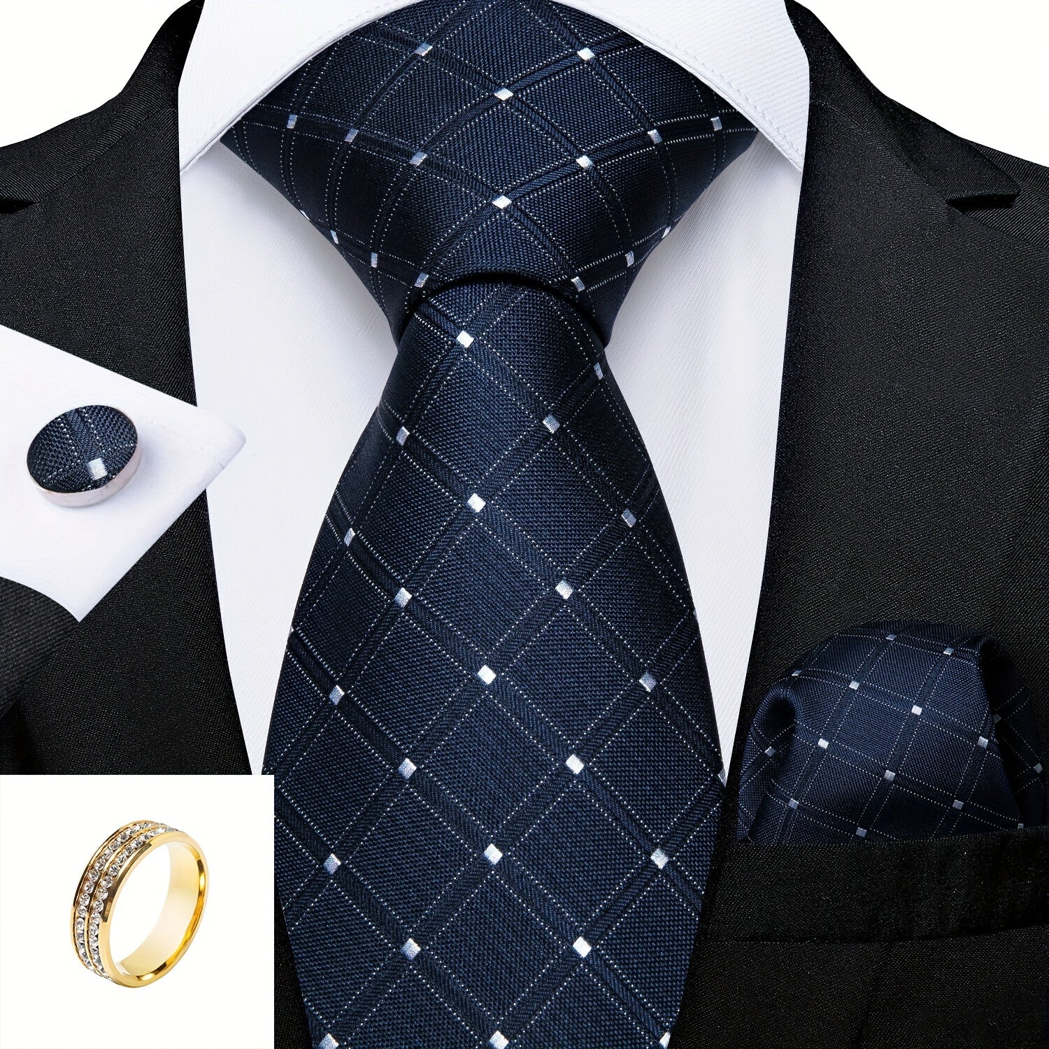 Mens Silk Tie Set - Blue Checked Necktie with Pocket Square  Cufflinks for Wedding - ZOOMNSTORE