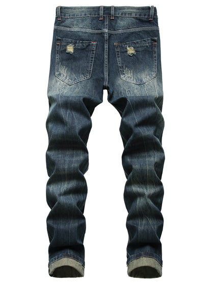 Mens Slim Fit Distressed Denim Jeans - Black with Rips All-Season Cotton Blend - ZOOMNSTORE
