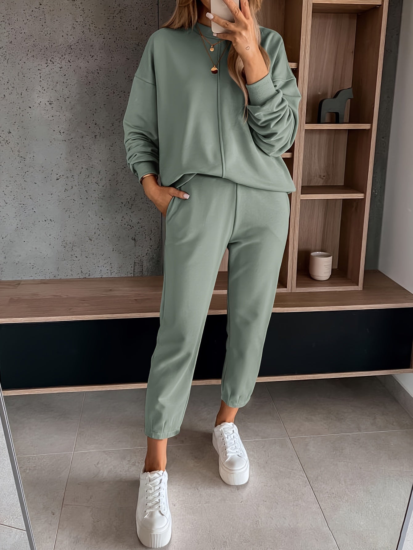 Womens Long Sleeve Pullover  Jogging Pants Set - Casual Autumn Winter Commuting Outfit with Pockets - ZOOMNSTORE