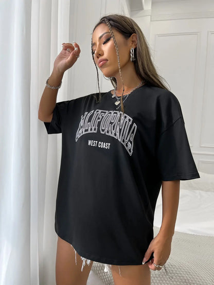 100 Cotton Oversized Womens T-Shirt - California West Coast Letter Print Tee - ZOOMNSTORE