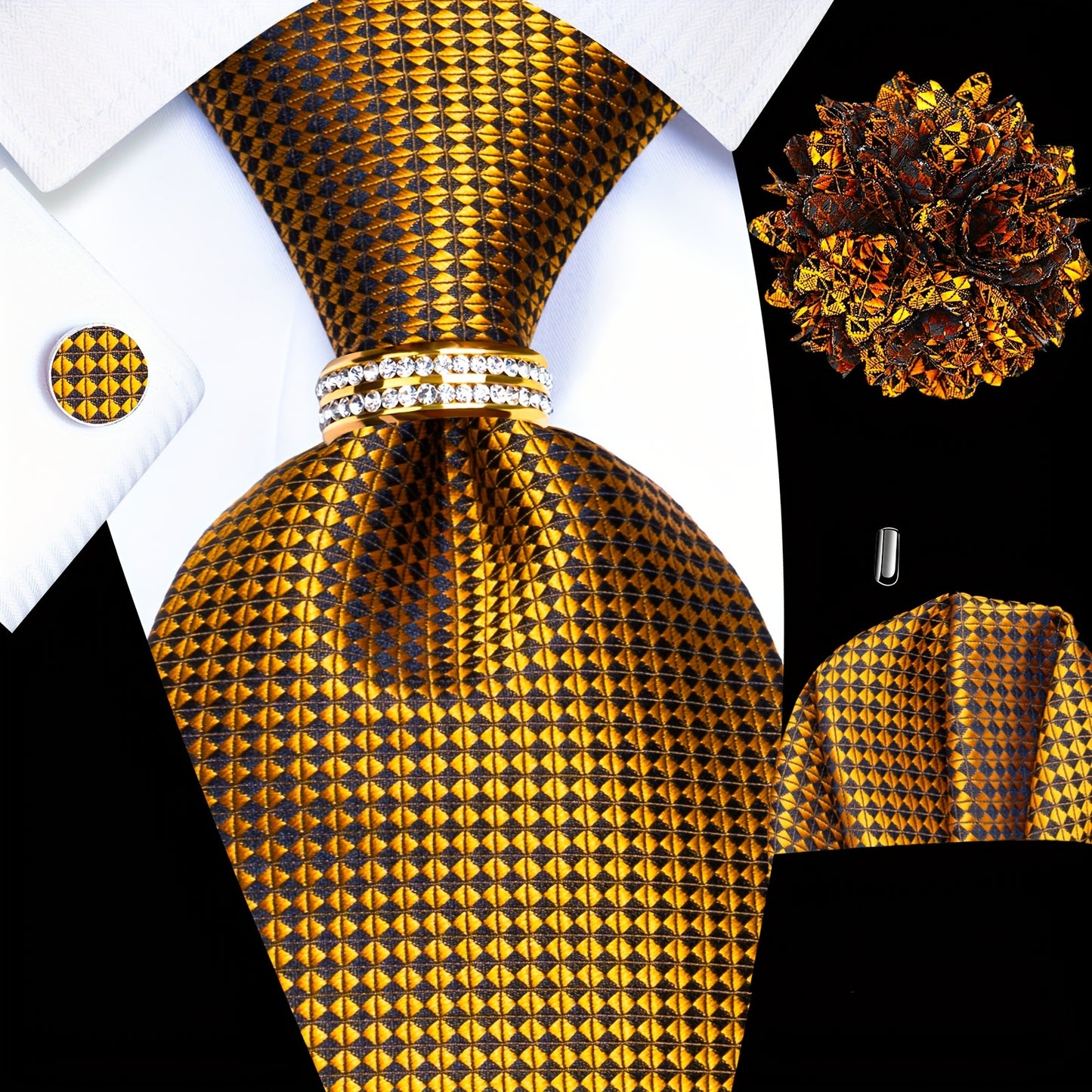 Mens Luxury Tie Set - Elegant 5PCS with Pocket Square Cufflinks Tie Ring Lapel Pin - ZOOMNSTORE
