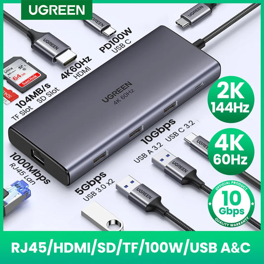 10Gbps USB C HUB - 9-in-1 Aluminum Alloy Docking Station with 4K60Hz HDMI, PD100W Fast Charging & Gigabit Ethernet Adapter - ZOOMNSTORE