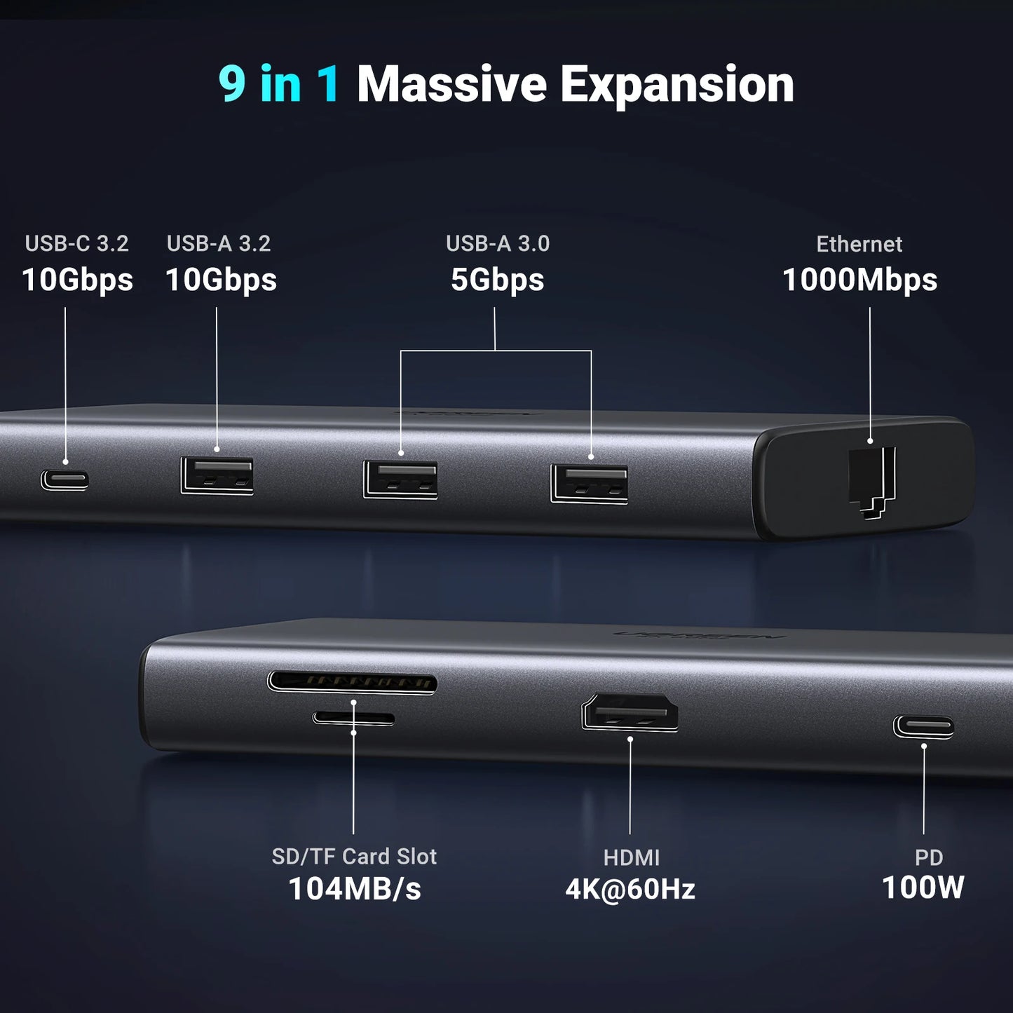 10Gbps USB C HUB - 9-in-1 Aluminum Alloy Docking Station with 4K60Hz HDMI, PD100W Fast Charging & Gigabit Ethernet Adapter - ZOOMNSTORE