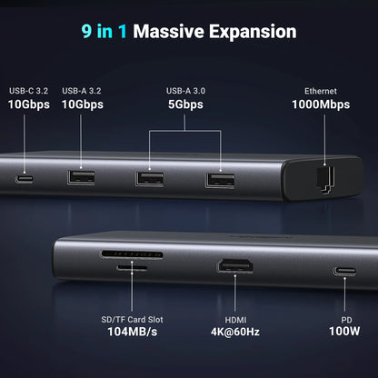 10Gbps USB C HUB - 9-in-1 Aluminum Alloy Docking Station with 4K60Hz HDMI, PD100W Fast Charging & Gigabit Ethernet Adapter - ZOOMNSTORE