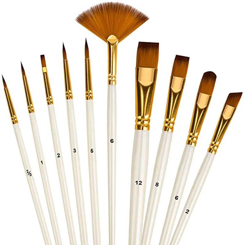 10Pcs Nylon Hair Paint Brush Set - Acrylic Oil Watercolor Art Supplies for Kids and Students - ZOOMNSTORE