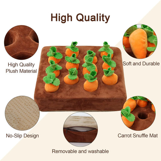 Interactive Carrot Snuffle Mat for Dogs  Plush Puzzle Toy 2-in-1 with Non-Slip Design  12 Carrots for Nosework Games  Stress Relief - ZOOMNSTORE