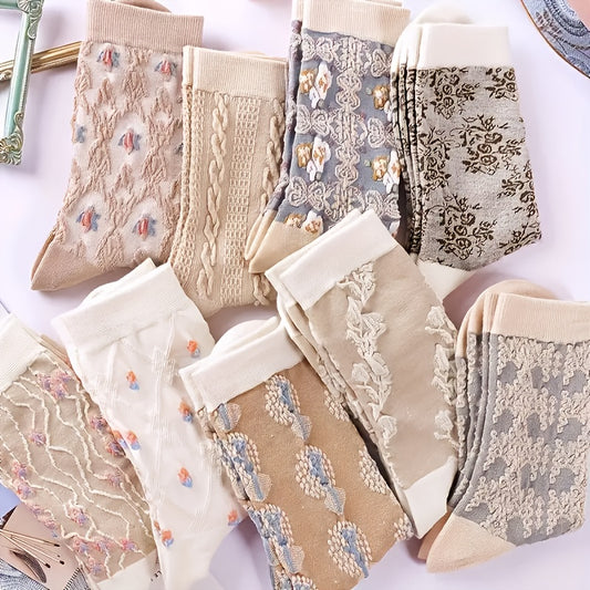 9 Pairs Floral Pattern Socks, Comfy & Breathable Mid Tube Socks, Women's Stockings & Hosiery - ZOOMNSTORE
