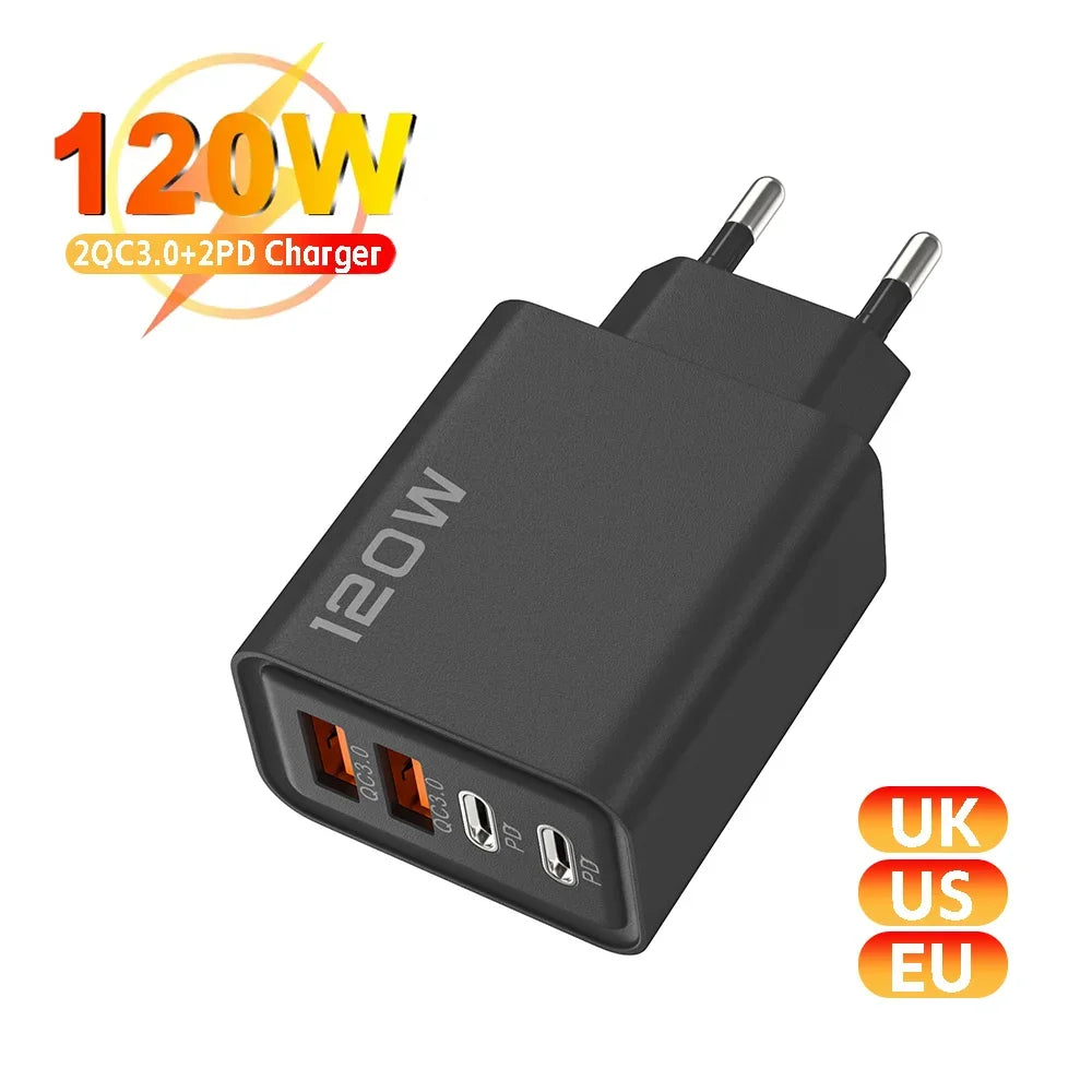 Total 120W 4 Ports USB Charger PD Type C Fast Charging Mobile Phone Adapter For iPhone Samsung Xiaomi Huawei QC 3.0 Wall Charger - ZOOMNSTORE