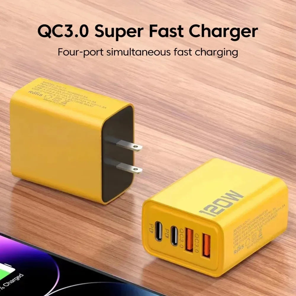 Total 120W 4 Ports USB Charger PD Type C Fast Charging Mobile Phone Adapter For iPhone Samsung Xiaomi Huawei QC 3.0 Wall Charger - ZOOMNSTORE