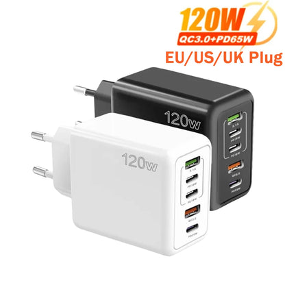 Total 120W USB Charger 5 Ports Type C Fast Charging Mobile Phone Wall Adapter EU/US/UK Plug For iPhone Samsung Xiaomi Huawei - ZOOMNSTORE