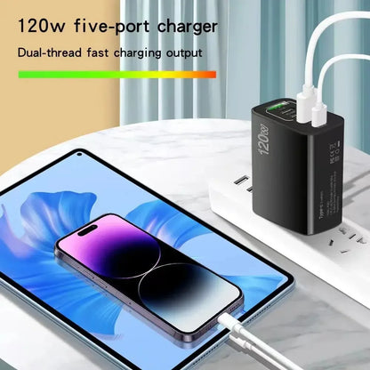 Total 120W USB Charger 5 Ports Type C Fast Charging Mobile Phone Wall Adapter EU/US/UK Plug For iPhone Samsung Xiaomi Huawei - ZOOMNSTORE