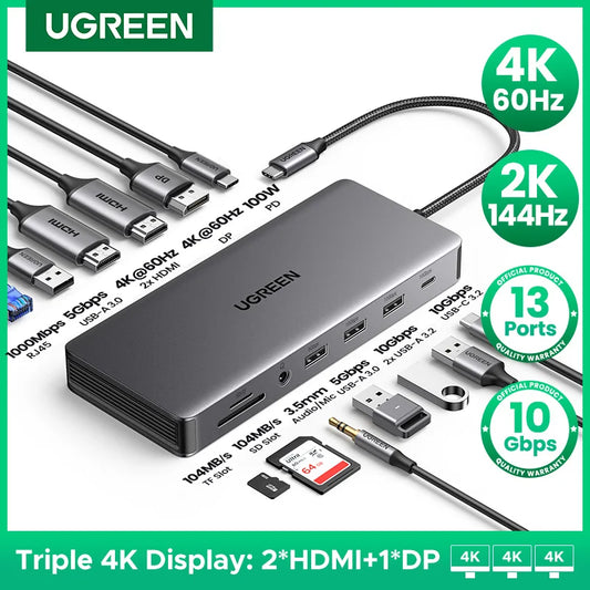 13-in-1 USB-C Hub | 4K Triple Monitor Docking Station with Dual HDMI Ports & 10Gbps Transfer - ZOOMNSTORE