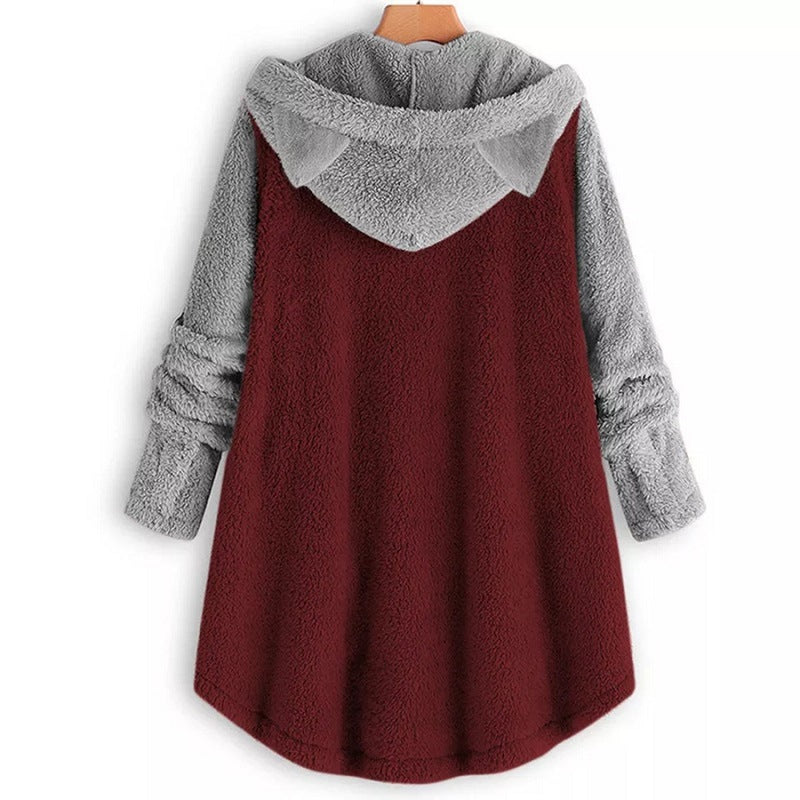 Cat Print Long Hoodies Sweatshirt Women Fleece Warm Button Pocket Pullovers Cat Ear Plus Size Hoodie Top Blouse Sweat Femme