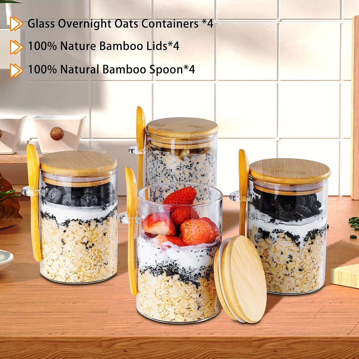16OZ Glass Jar Meal Prep Container - 4PC Oatmeal Cups with Lid  Spoon - ZOOMNSTORE