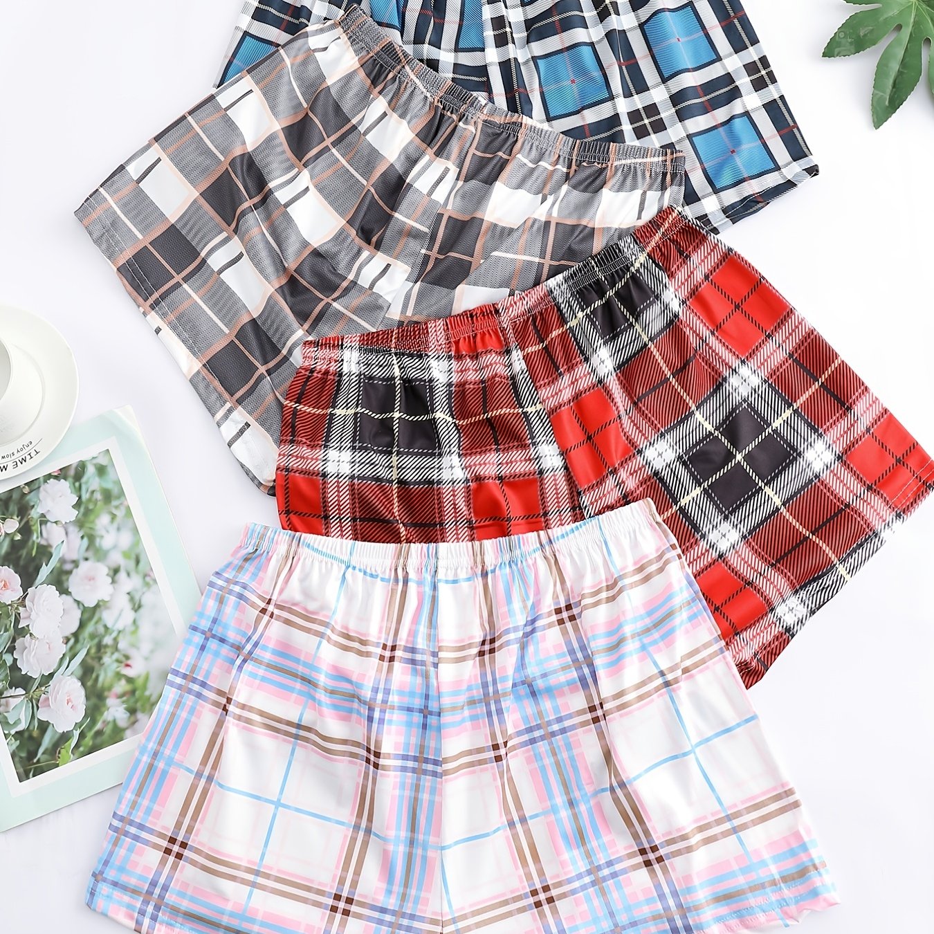 Plaid Lounge Shorts - Comfy Elastic Waist Womens Sleepwear 4pcs - ZOOMNSTORE