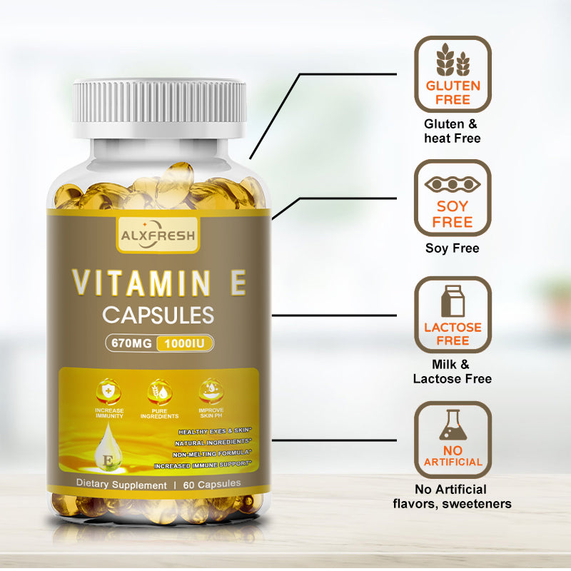 Alxfresh Vitamin E 670 mg (1000 IU) - Natural Dietary Supplement Antioxidant, Skin, Immune System Support, Gluten Free, Vegen