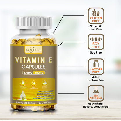 Alxfresh Vitamin E 670 mg (1000 IU) - Natural Dietary Supplement Antioxidant, Skin, Immune System Support, Gluten Free, Vegen