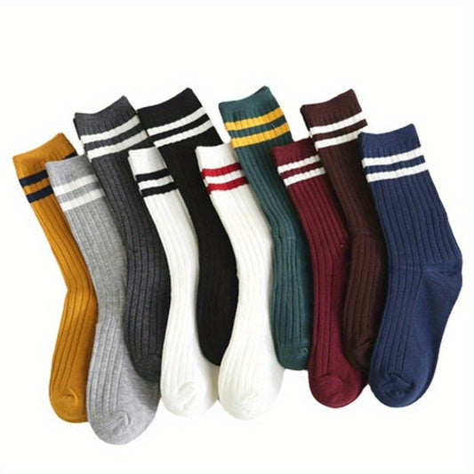 [10 Pairs Mid-Calf Socks] 10pairs Women's Socks Mid-Calf Women's Socks Women's Solid Color Over-the-Knee Socks College Style Long Socks - ZOOMNSTORE