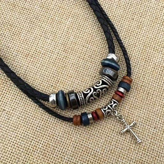 Black Tribal Cross Necklace - Vintage Double Layer Braided Leather Pendant - ZOOMNSTORE