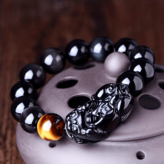 Black Obsidian Tiger Eye Bangle - Feng Shui Pixiu Wealth Bracelet for Luck and Abundance - ZOOMNSTORE