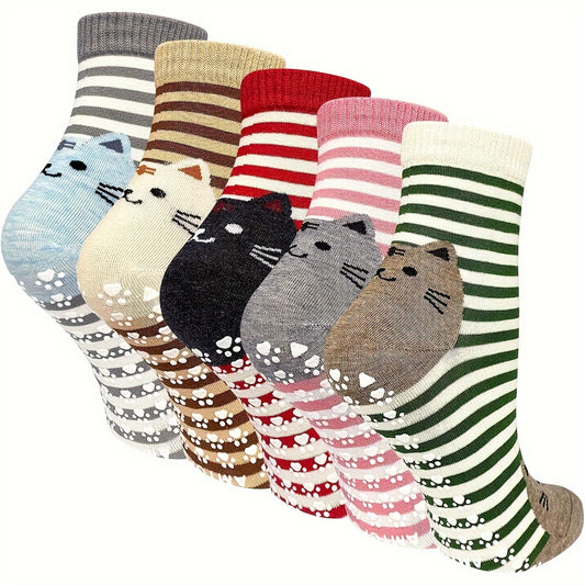 5 Pairs Women's Non-Slip Grip Socks with Cute Cartoon Cat Design - Anti-Skid Sole, Multi-Color Striped & Polka Dot Patterns, All-Season Machine Washable for Fitness, Training & Casual Wear, Casual Wear Socks | Cute Cat Socks - ZOOMNSTORE