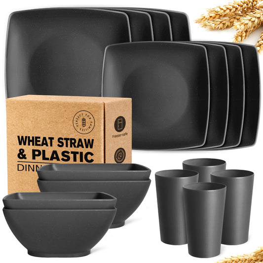 Wheat Straw Dinnerware Set - 16pcs Unbreakable Plates Bowls Tumblers Dishwasher Safe - ZOOMNSTORE