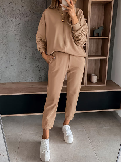Womens Long Sleeve Pullover  Jogging Pants Set - Casual Autumn Winter Commuting Outfit with Pockets - ZOOMNSTORE