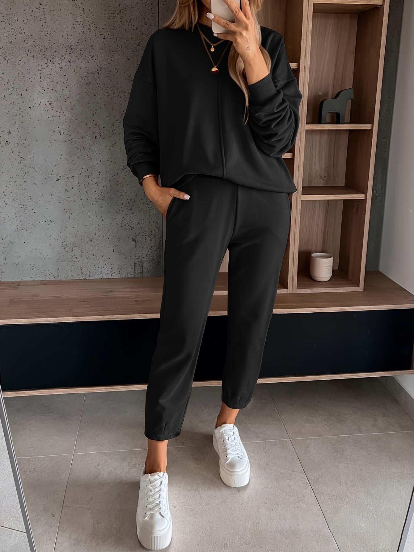 Womens Long Sleeve Pullover  Jogging Pants Set - Casual Autumn Winter Commuting Outfit with Pockets - ZOOMNSTORE