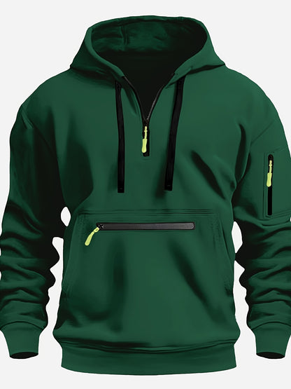 Men's Solid ColorHalf-Zip Design Long Sleeve Casual Hooded Sweatshirt With Kangaroo Pocket For Fall/Winter Casual Daily Wear - ZOOMNSTORE