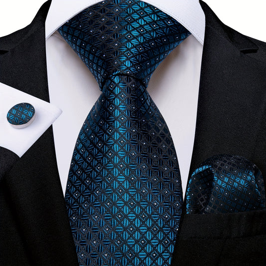 Mens Green Check Necktie Set - Includes Hanky  Cufflinks for Weddings - ZOOMNSTORE