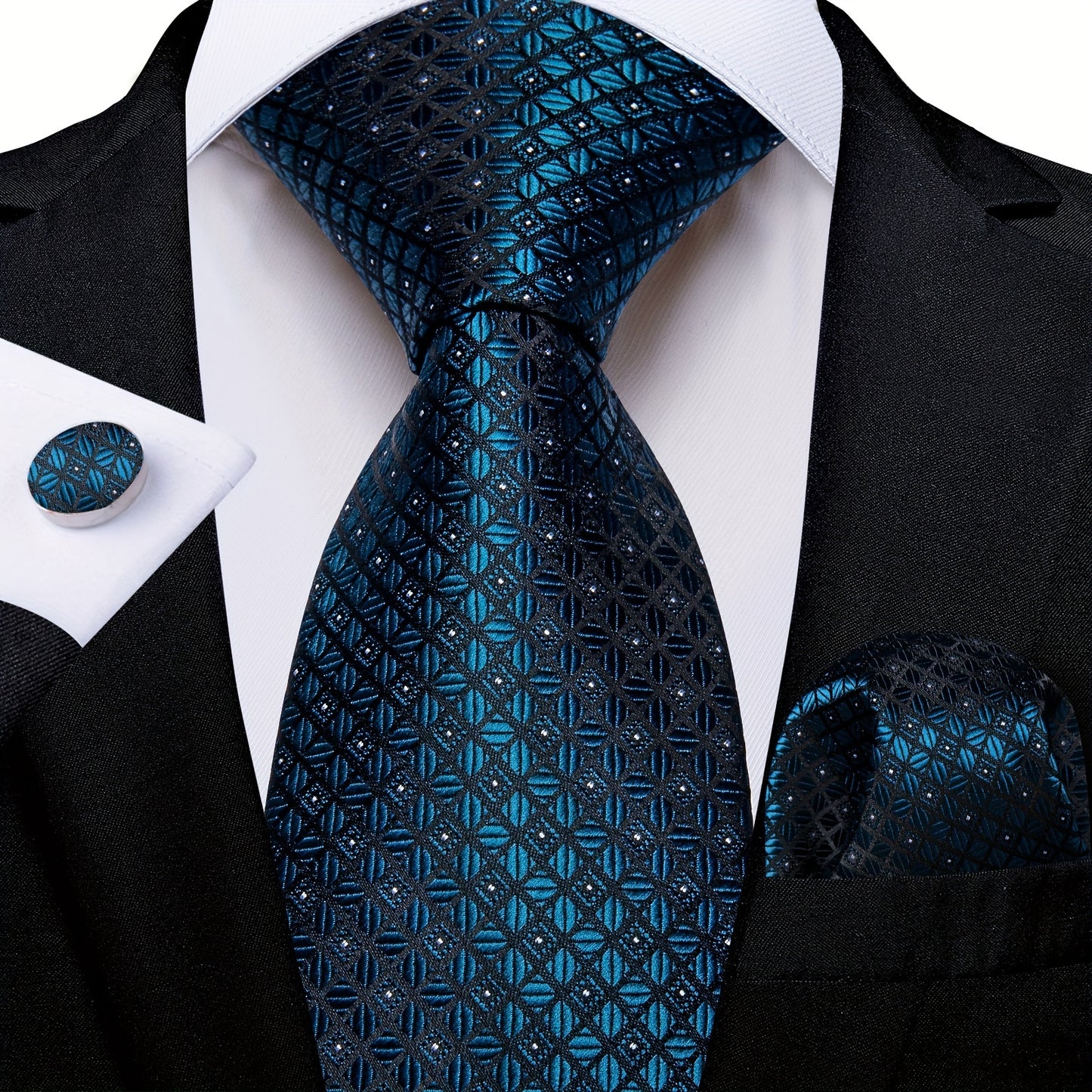 Mens Green Check Necktie Set - Includes Hanky  Cufflinks for Weddings - ZOOMNSTORE