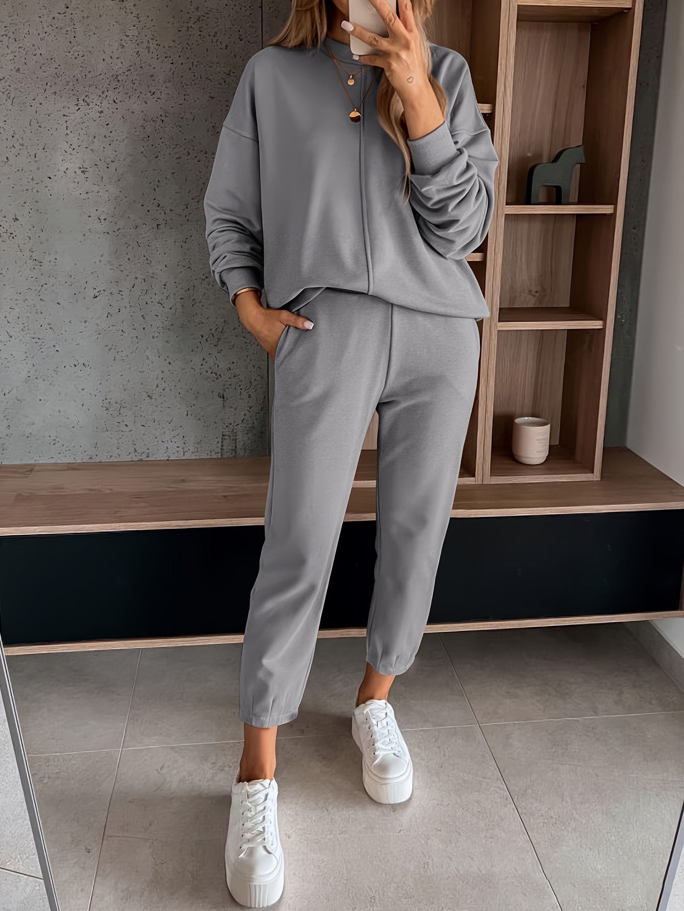 Womens Long Sleeve Pullover  Jogging Pants Set - Casual Autumn Winter Commuting Outfit with Pockets - ZOOMNSTORE