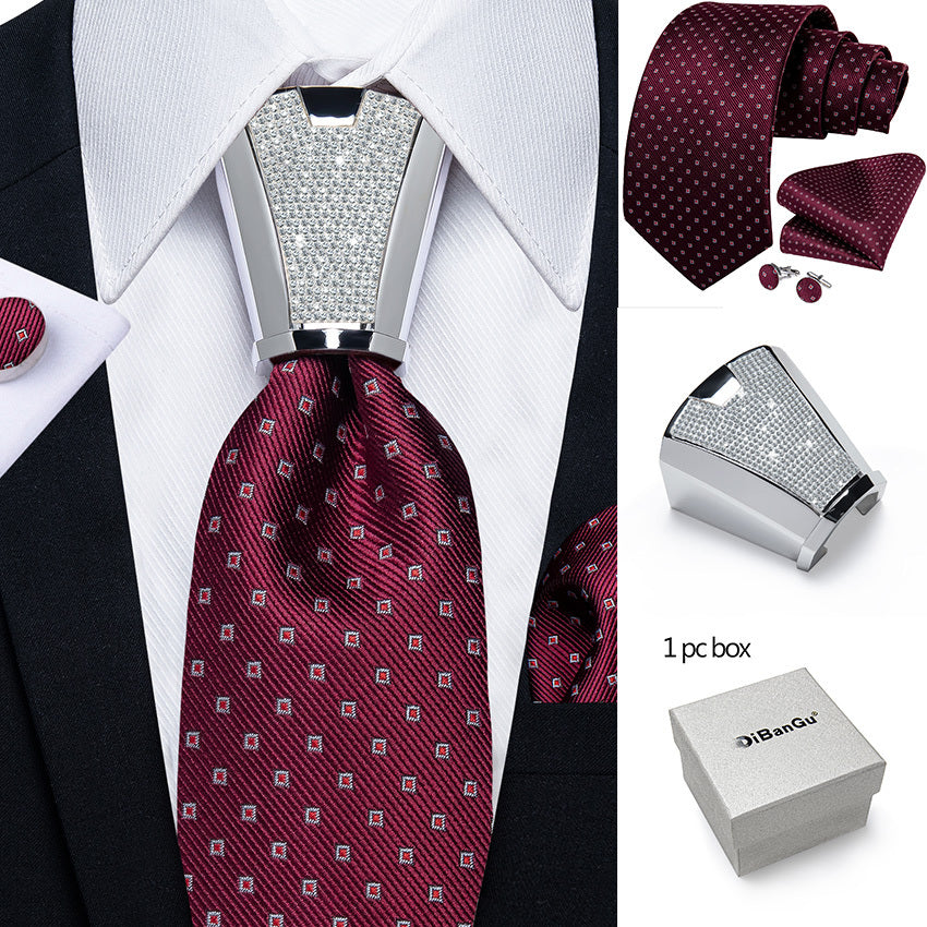 Mens Silvery Necktie Set - Necktie Ring Handkerchief  Cufflinks with Gift Box - ZOOMNSTORE