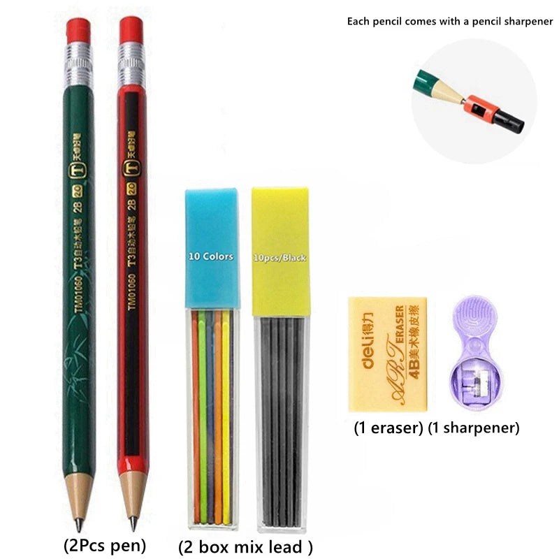 2.0 mm Mechanical Pencils Set 2B Automatic Student Pencils with Sharpener Color Pencil Leads School Pens Kawaii Cute Stationery - ZOOMNSTORE